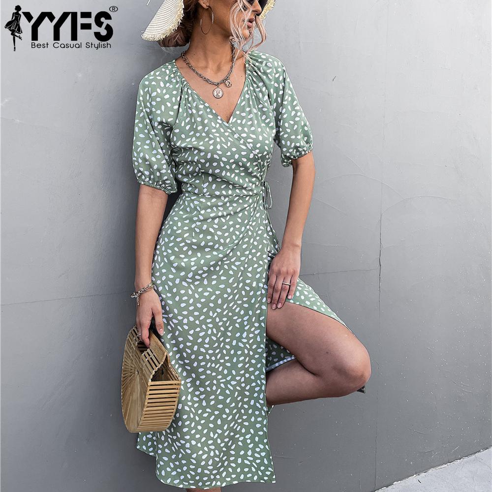 YYFS Damenmode Sommer Frühling Blumenmuster Druck Kurzarm V-Ausschnitt Hohe Taille Freizeitkleider