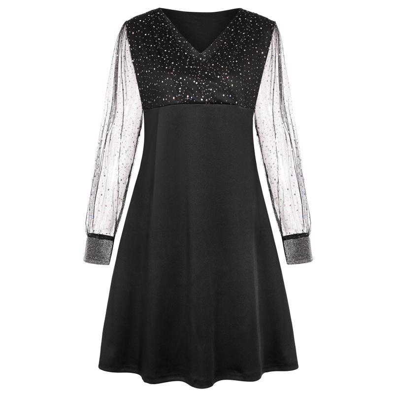 Tooxika Women's Long-sleeved V-neck Sequined Mesh Stitching Pullover Dress Female Sexy Dress