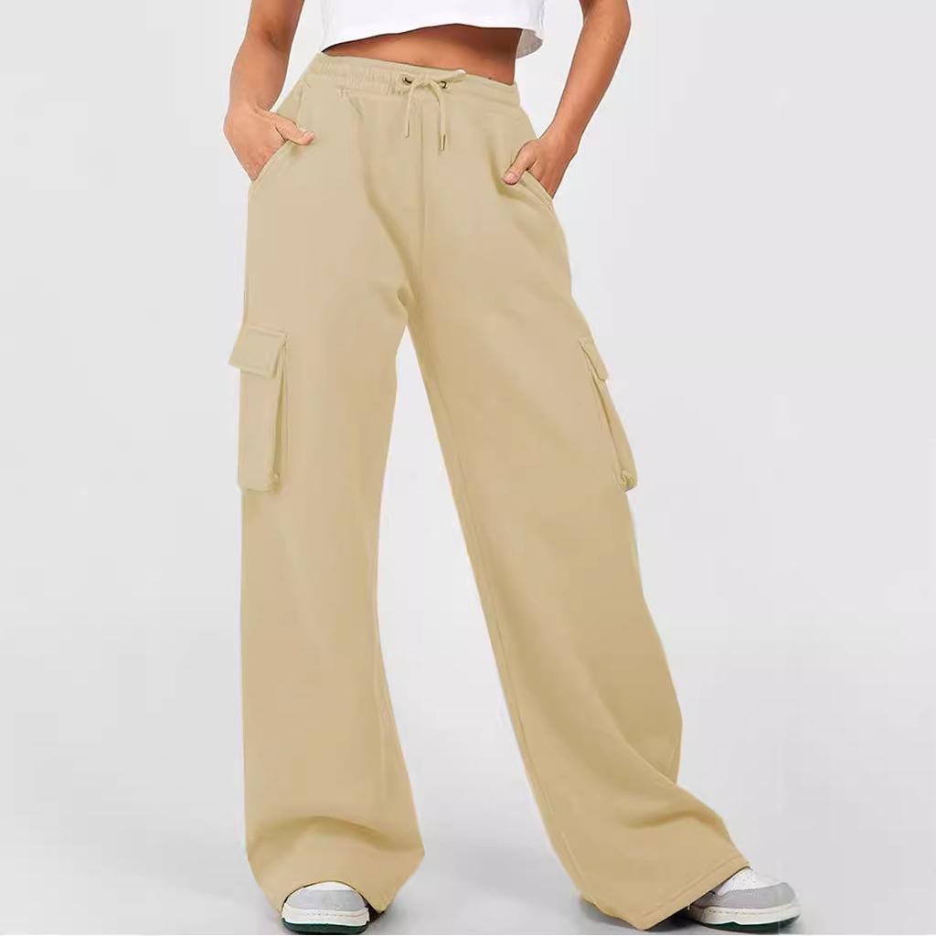 Women's Solid Color Drawstring High Waist Cargo Pocket Wide Leg Sweatpants Casual Loose Fit Sport Trousers