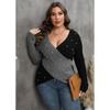 Women Plus Size Color Block Beaded Deep V Cross Long Sleeve Sweater