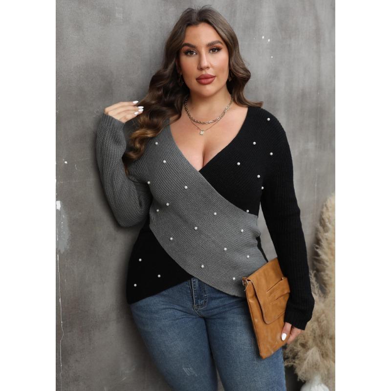 Women Plus Size Color Block Beaded Deep V Cross Long Sleeve Sweater