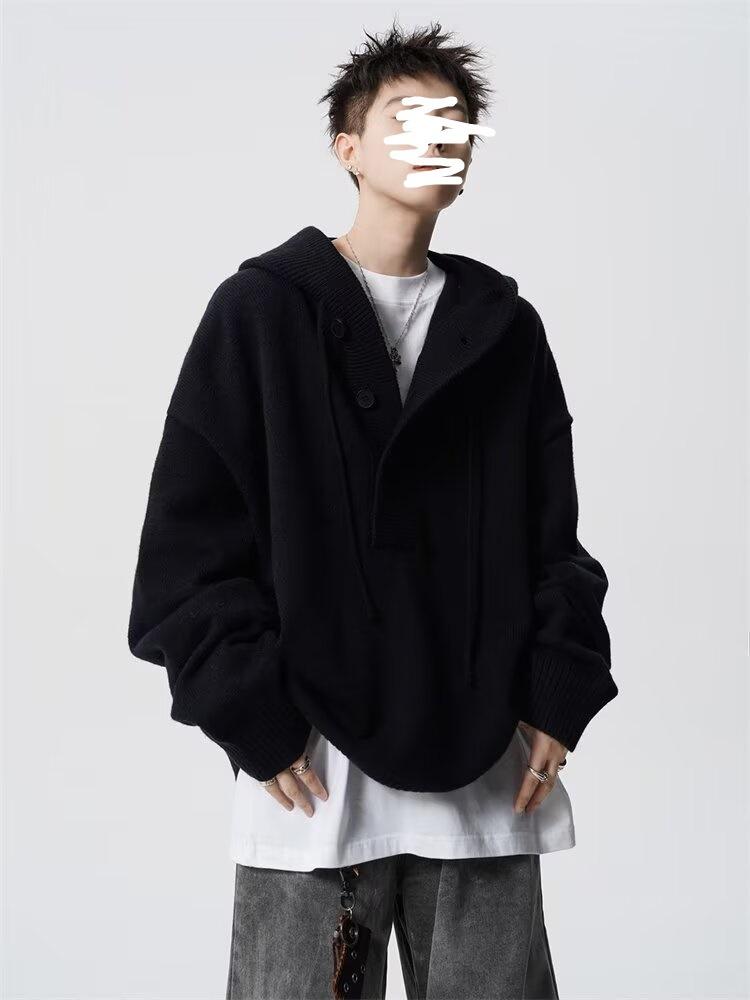 

High Street Solid Color Hooded Knitted Sweater Men s Winter American Cleanfit Hooded Sweater Premium Sense Ruffian Handsome Sweater 2XL чорний