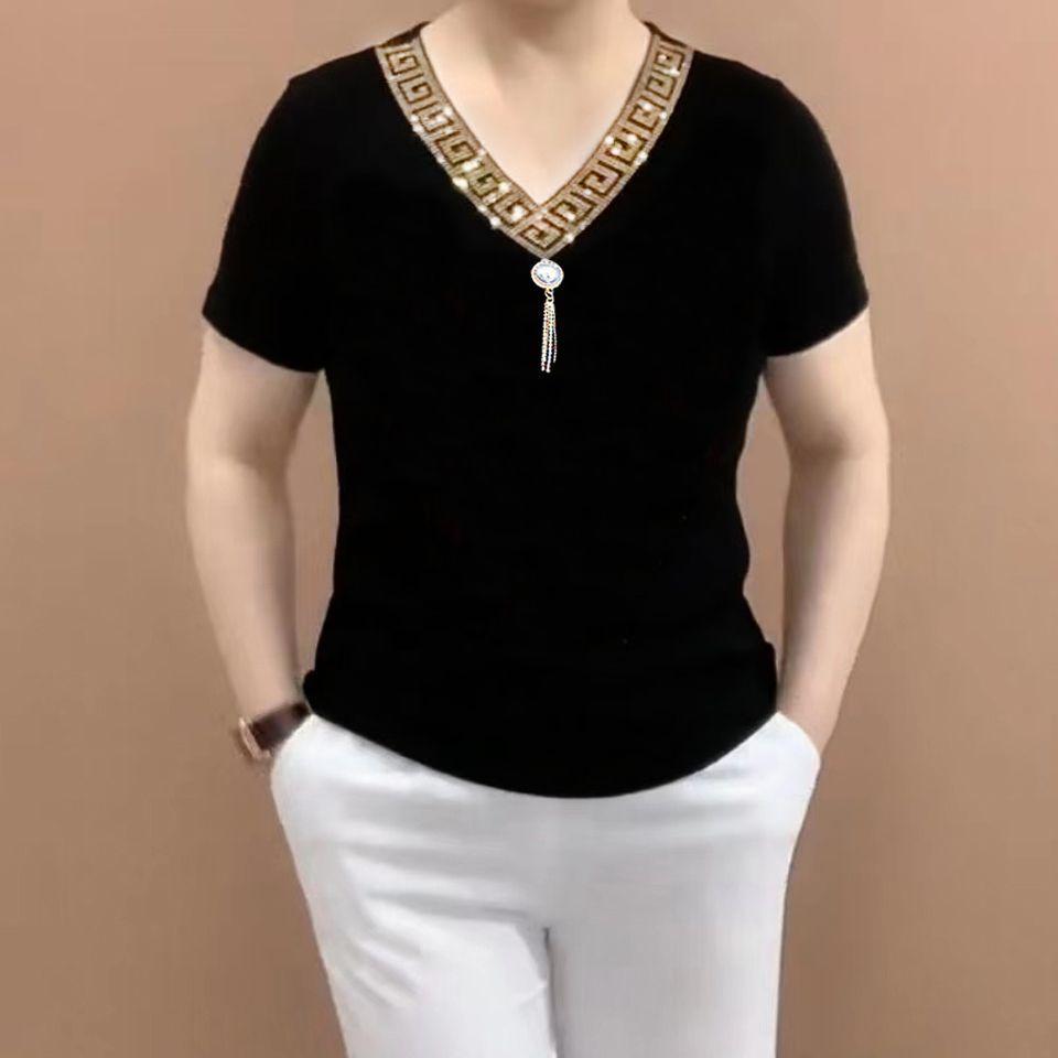 Summer Casual Fashion Diamons Short Sleeve T-shirt Women Slim All-match Pullover Tee Women Harajuku Y2K Street Wear V-neck Top