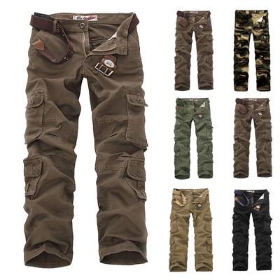 Men's Straight Workwear Casual Trousers Pants Solid Camouflage Color Belt Pocket Overalls