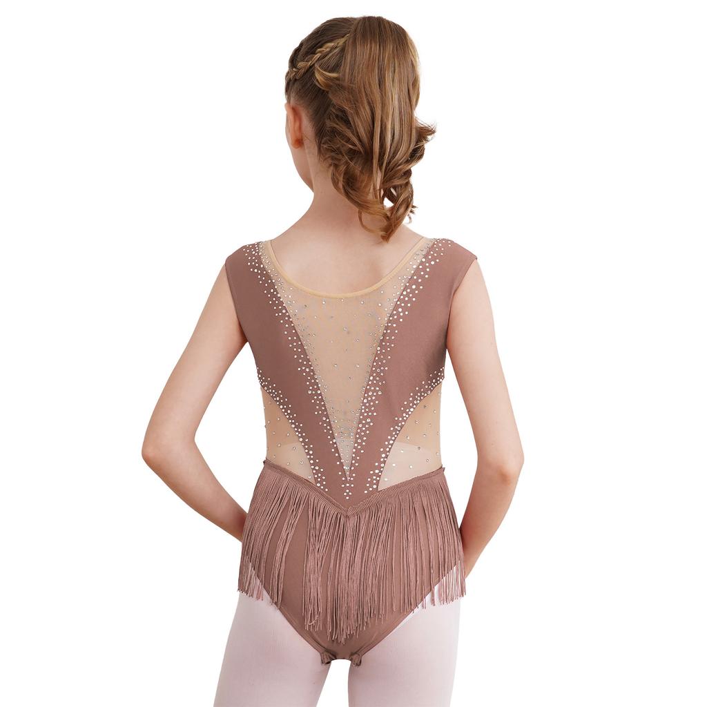 Mädchen Latein Eiskunstlauf Fransen-Leotard Glitzernde Strasssteine Mesh-Einsätze Quasten-Bodysuit