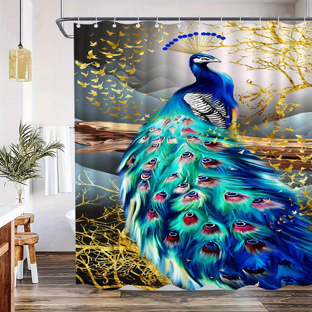 Peacock Shower Curtain Blue Gold Feather Art Elegant Bird Decor Luxury Bathroom Waterproof Fabric Bath Curtain Set Home