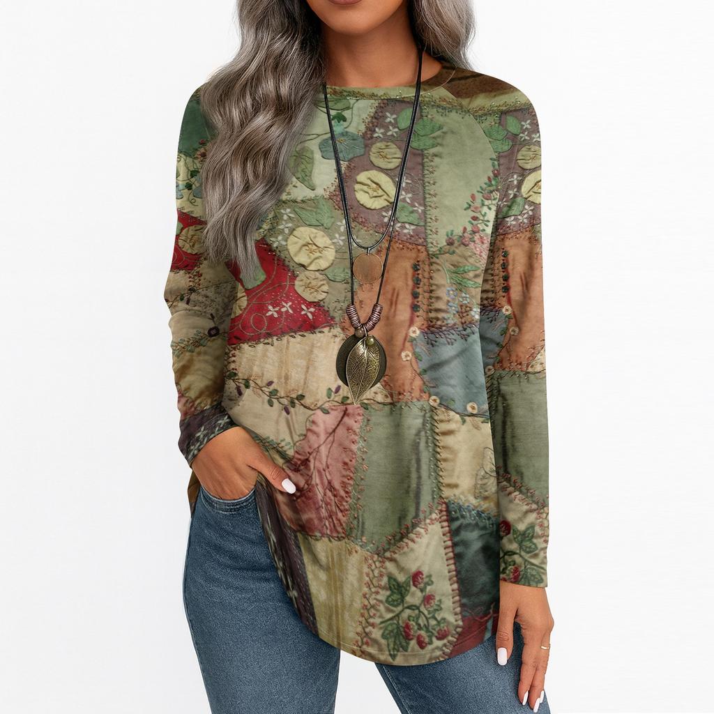 Women's Casual Plus SizeLong Sleeved Round Neck Vintage Ethnic Printing T-shirt Top Pullover