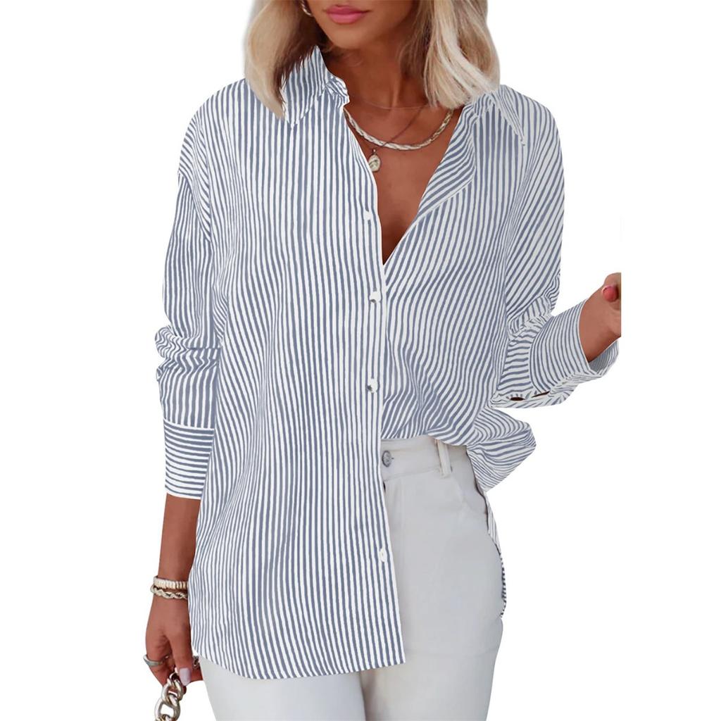 Women's Striped Button Down Shirt Long Sleeve Casual Loose Fit Office Blouse For Women