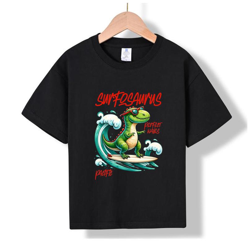 

MC-84 MINISO 2026 Summer Kids 100% Cotton Surfosaurus T-Shirt Cool Surfing Dinosaur Perfect Waves Graphic Short Sleeve Tee for Boys & Girls 100
