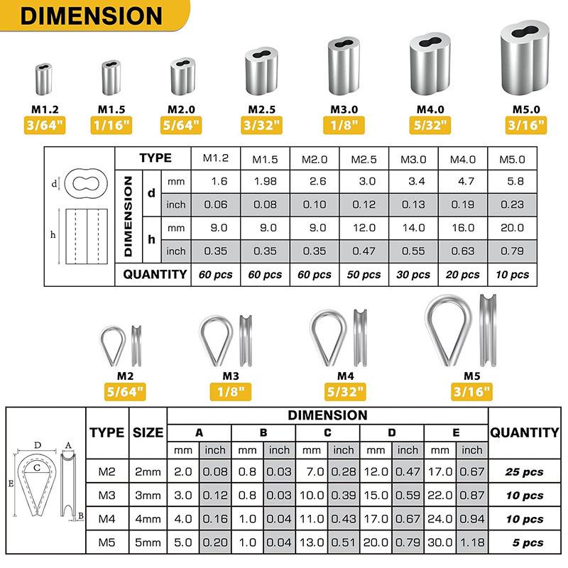 340-Piece Stainless Steel Wire Rope Kit with 304 Stainless Steel Thimbles, Ferrules, Double Hole Aluminum Sleeves, and Figure 8 Rigging