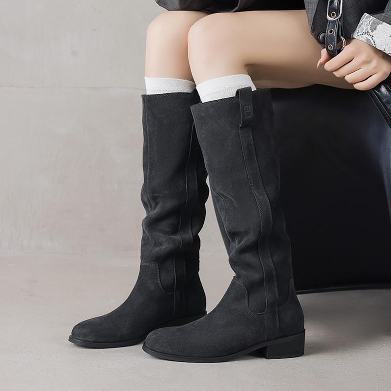 Fashion 2025 Autumn Women Boots Cow Suede Leather Women Shoes round Toe Slip-on Knee High Boots Western Modern Ladies Boots