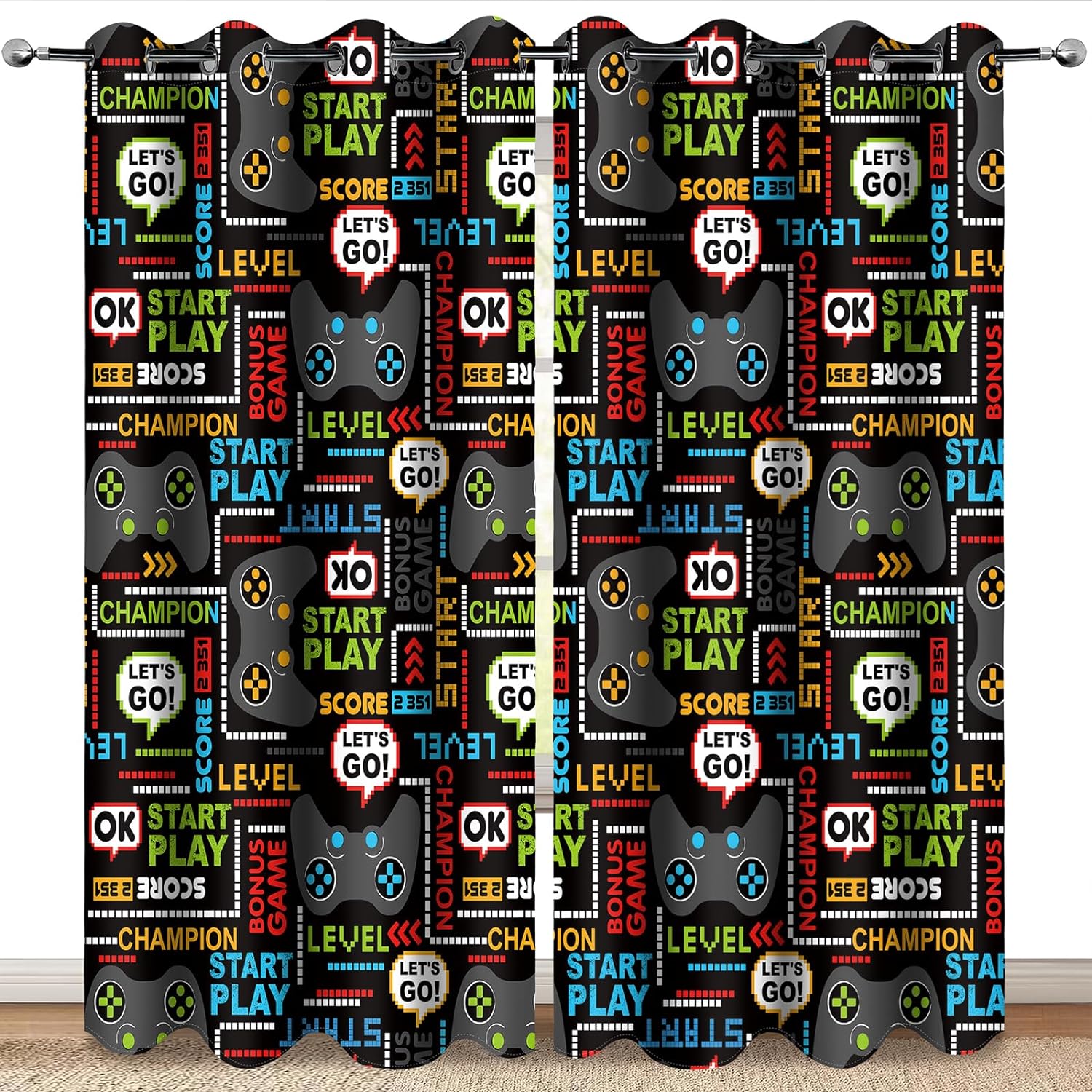 Gaming Gordijnen voor Jongens Gamekamer Decoratie, Gamer Gordijnen voor Tieners Voor Kinderen Sterrenuniversum Geruit Game Controller Print Raam gordijnen 100W130H(CM)40x51in&Grommet Top