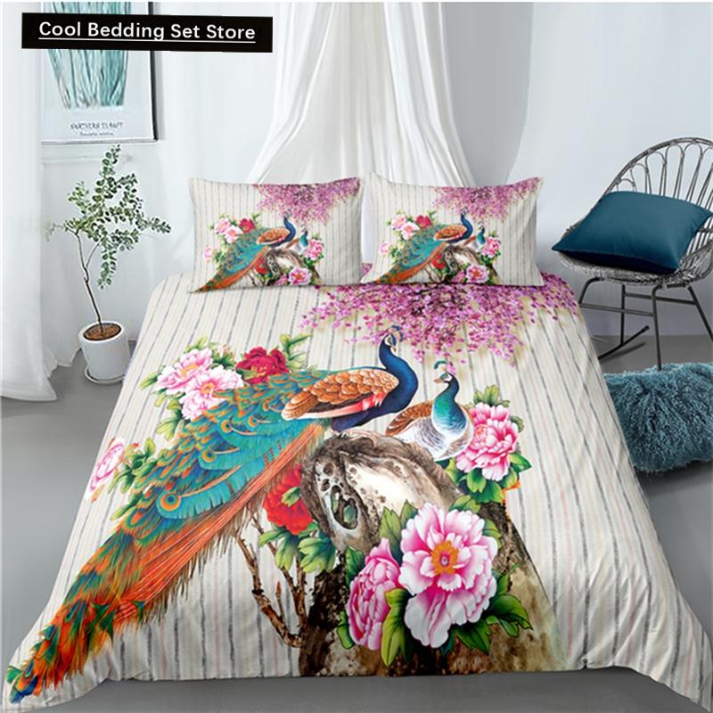Pfau Bettbezug King Queen Größe Kolibri Libelle Bettwäscheset Blumen Vögel Bettdeckenbezug Floral Tiere Bettdeckenbezug