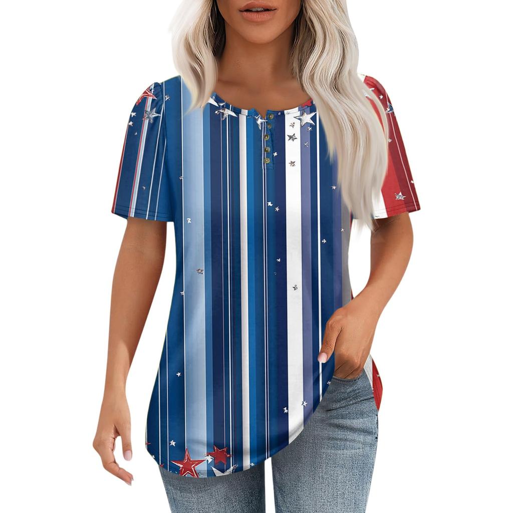 Damski modny, swobodny, krótki rękaw, guziki, nadruk, okrągły dekolt, bluzka typu pullover