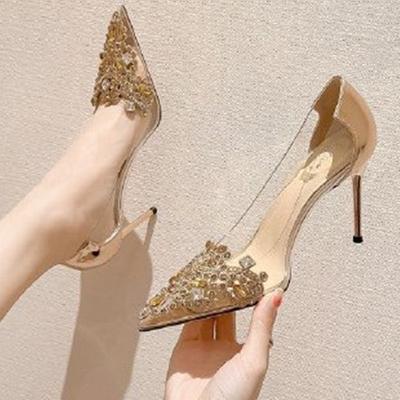 Spring and Summer Footwear Women's Transparent High-heeled Thin-heeled Pointed Diamond Wedding Shoes with Shallow Shoes