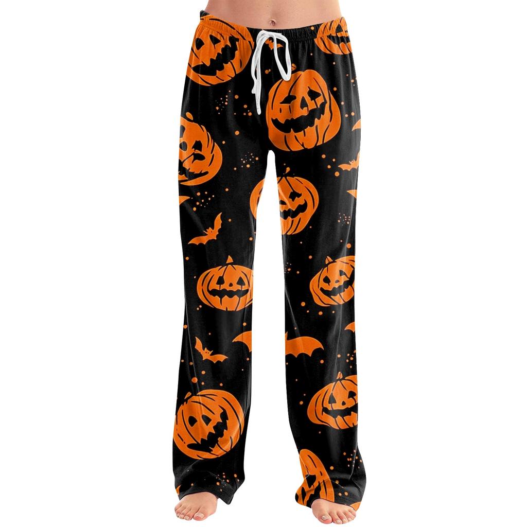Women's Drawstring Waist Halloween Printed Long Pants Relaxed Fit Casual Trousers with Festive Pumpkin Bat Pattern