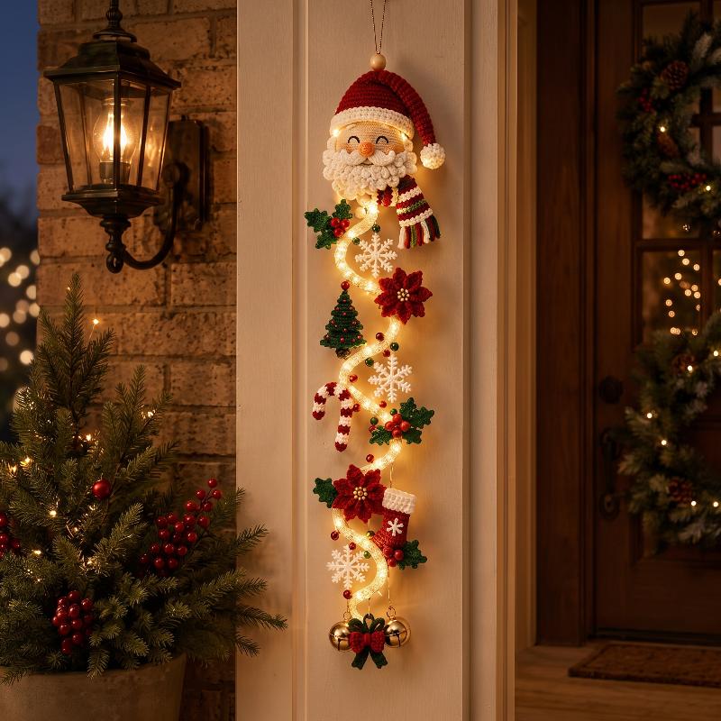 Weihnachts-Türhänger LED leuchtend Handgehäkelt Weihnachtsmann Weihnachtsbaum Glocken-Ornament Hauswand Haustür Neujahrsdekorationen 2027
