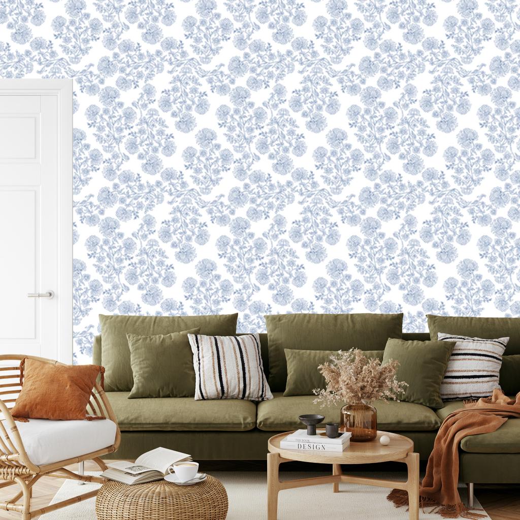 Wallpaper Flowers white, light gray and azure for the living room and bedroom 50x1000