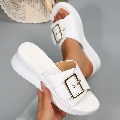 Mode Damen Schuhe Metallschnalle Keilabsatz Sandalen Damen Sommer 2025 Leder Dicke Sohle Pantoletten Frau Leicht Hochhackige Strandsandalen
