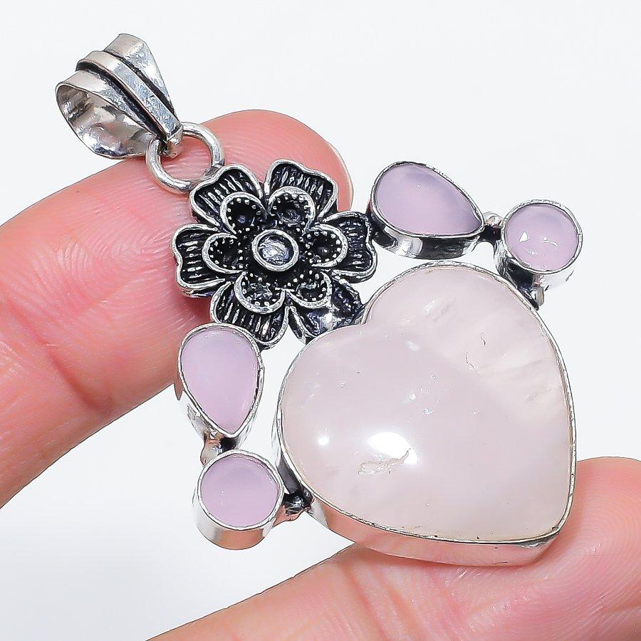 

Natural Rose Quartz, Chalcedony 925 Sterling Silver Jewelry Pendant 2.17 G3J59