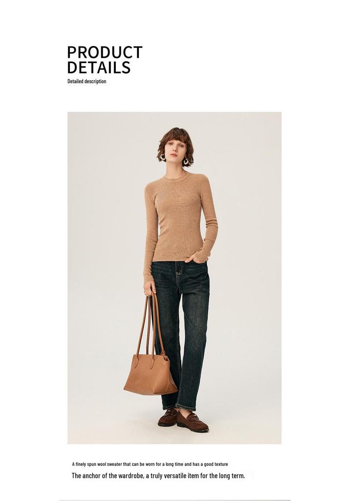 Women's Slim-Fit Round Neck Long-Sleeve Top - 100% Fine-Spun German Wool