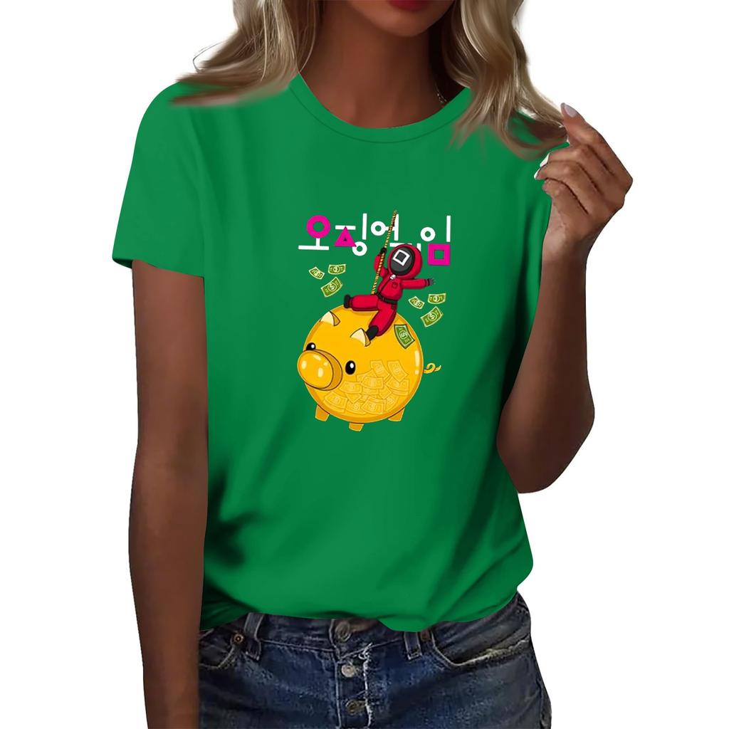 Damen Rundhals Bedrucktes Kurzarm T-Shirt Top