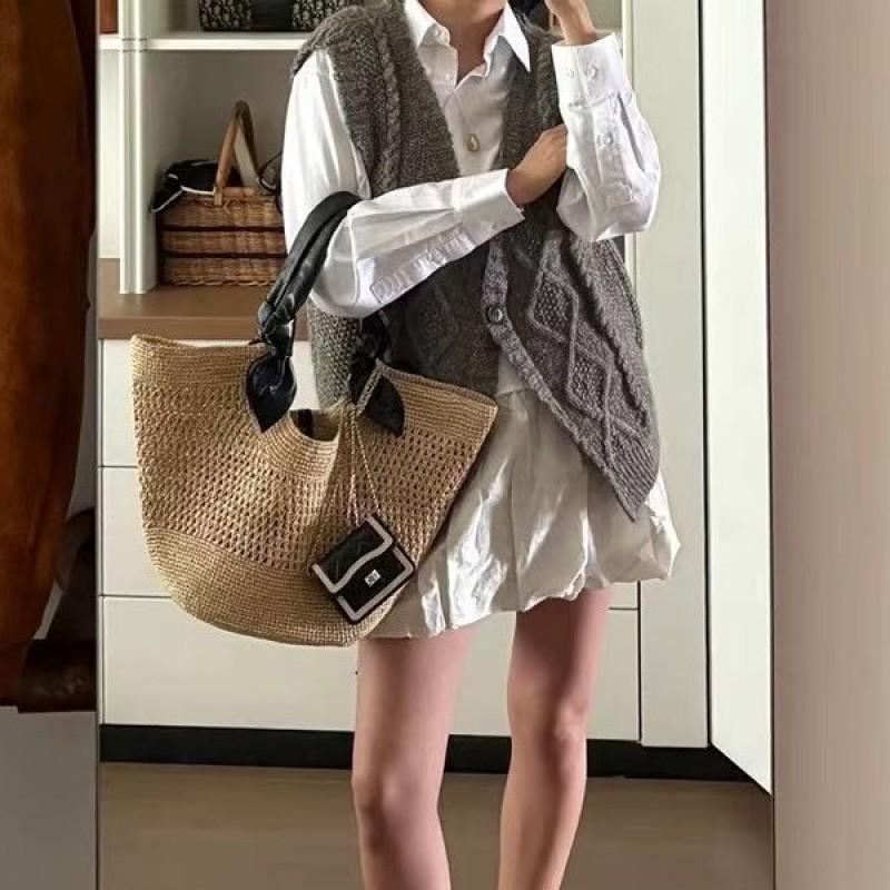Woven Straw Leather Knot Tote Bag Large Capacity Everyday Travel Handbag Women