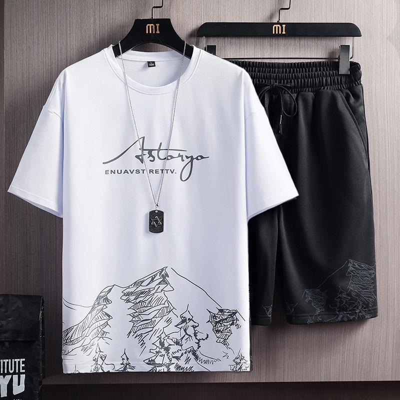 Conjunto masculino de camiseta e shorts slim fit com estampa de montanha nevada para o verão - Tendência da moda coreana