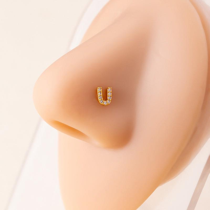 Personalized Zirconia Letter Nose Stud for Men and Women - Trendy Micro-Inlaid Straight Needle Piercing Ornament.