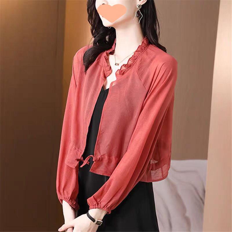 Global Finds Chiffon Sun Protection Cardigan: Lightweight Summer Shawl for Camisole Dresses, Loose Slimming Short Jacket. 3XL rood