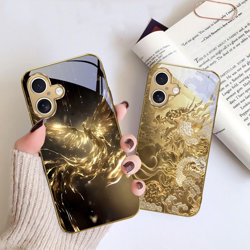 Golden Chicken Luxury For iPhone 16E 15 Pro 14 13 Plus 12 mini 11 15Pro 14Max 13Plus XR Xs X 16 Pro Max Golden glass phone case