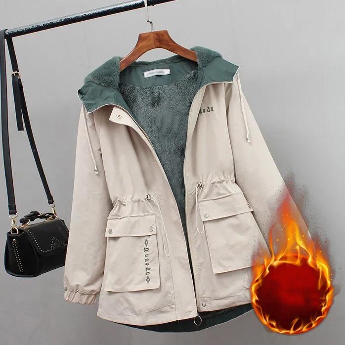 Women's Autumn Winter Thickened Fleece Lined Warm Coat Student Workwear Windbreaker Jacket