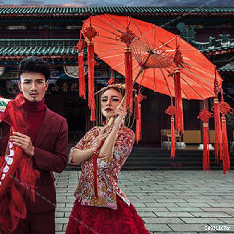 Retro Silk Tassel Xi Character Hanfu Red Flower Umbrella - Guochao Wedding Dress Photo Prop