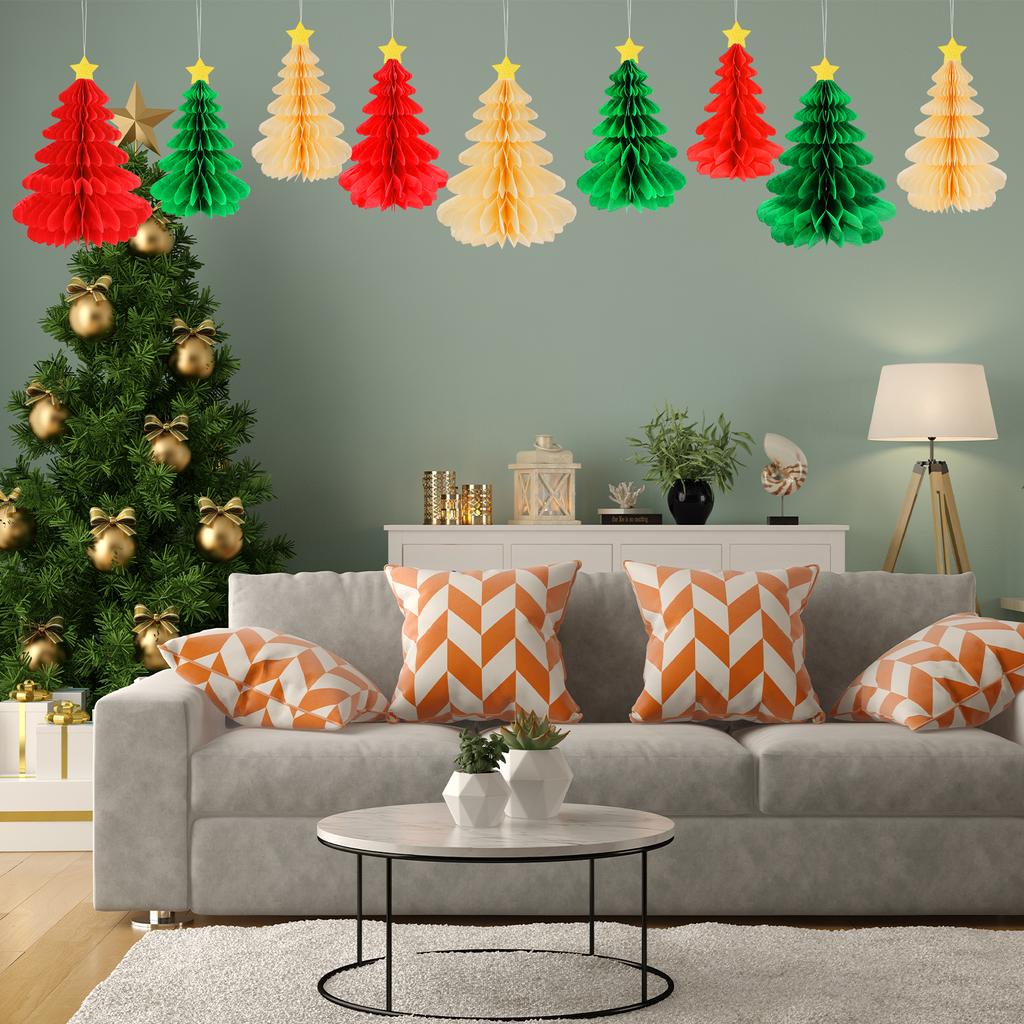 9 Pack Paper Christmas Tree Christmas Honeycomb Paper Tree Honeycomb Christmas Trees 3D Xmas Tree Table Decorations Indoor Hangi