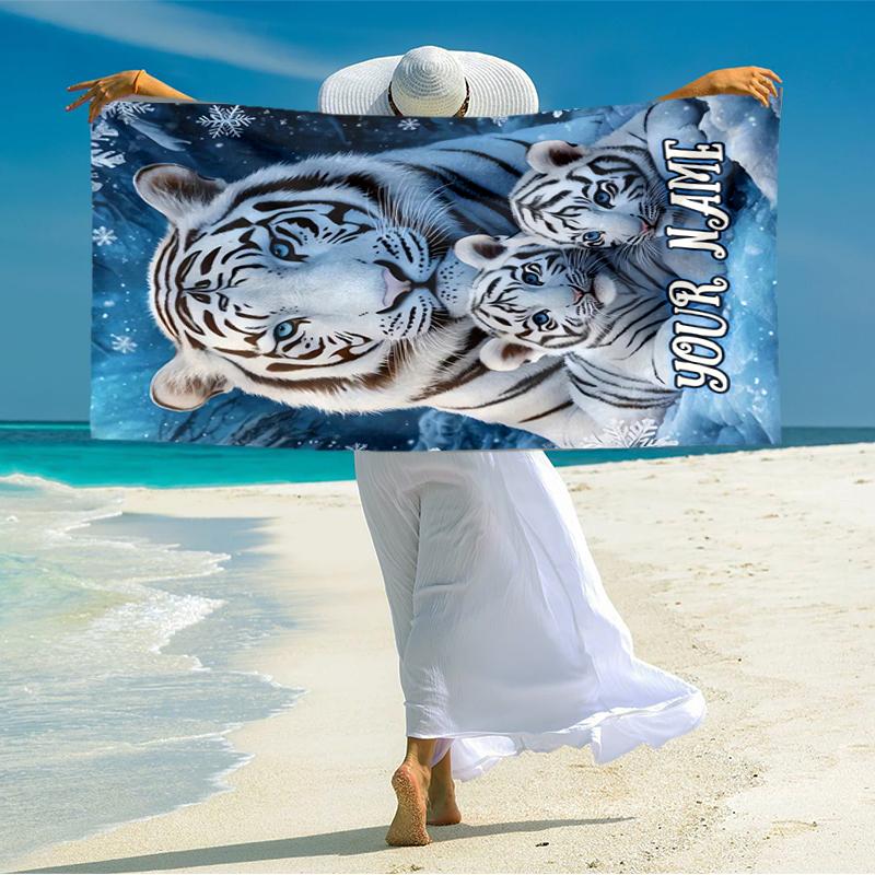 1PC Custom Name Winter Tiger Family Beach Towel Highly Absorbent And Sand-Resistant Towel for Swimming, Pool, Yoga, And Travel Lightweight