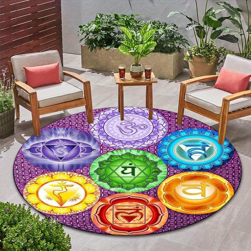 Vibrant Chakra Healing Meditation Round Area Rug, Mandala Pattern Non Slip Floor Mat for Yoga Home Bedroom and Outdoor Decor