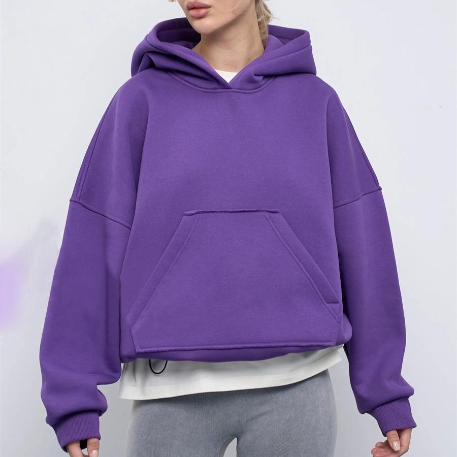 Women's Casual Solid Color Hooded Sweatshirt, European Style, Fitted Waist, Long Sleeves, Short Length, Pullover Style.