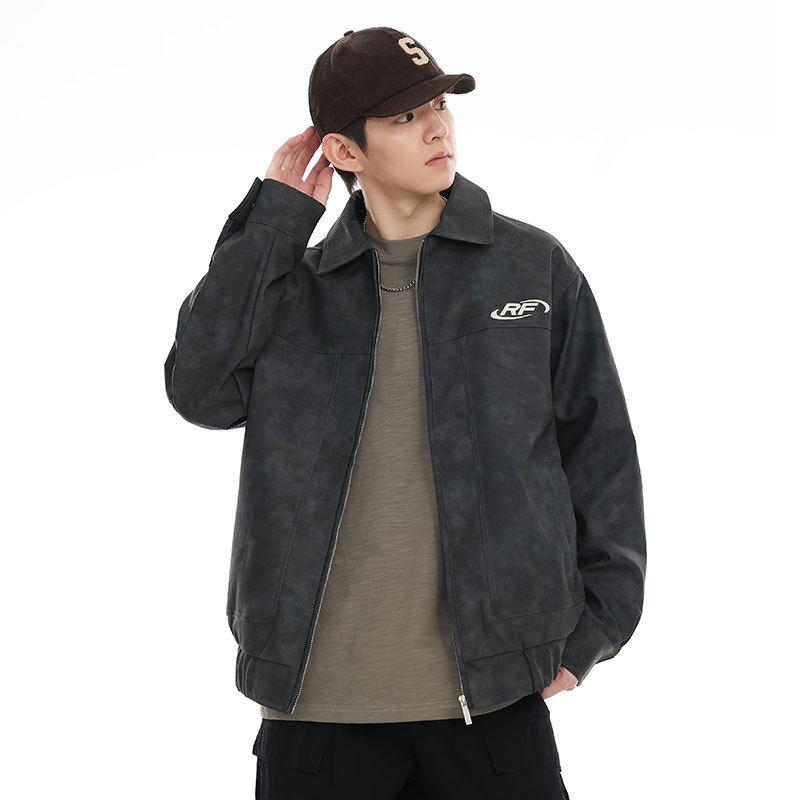 American Vintage Batik Pu Leather Jacket Men's Loose Large Size Alphabet Embroidered Lapel Leather Jacket Casual Jacket