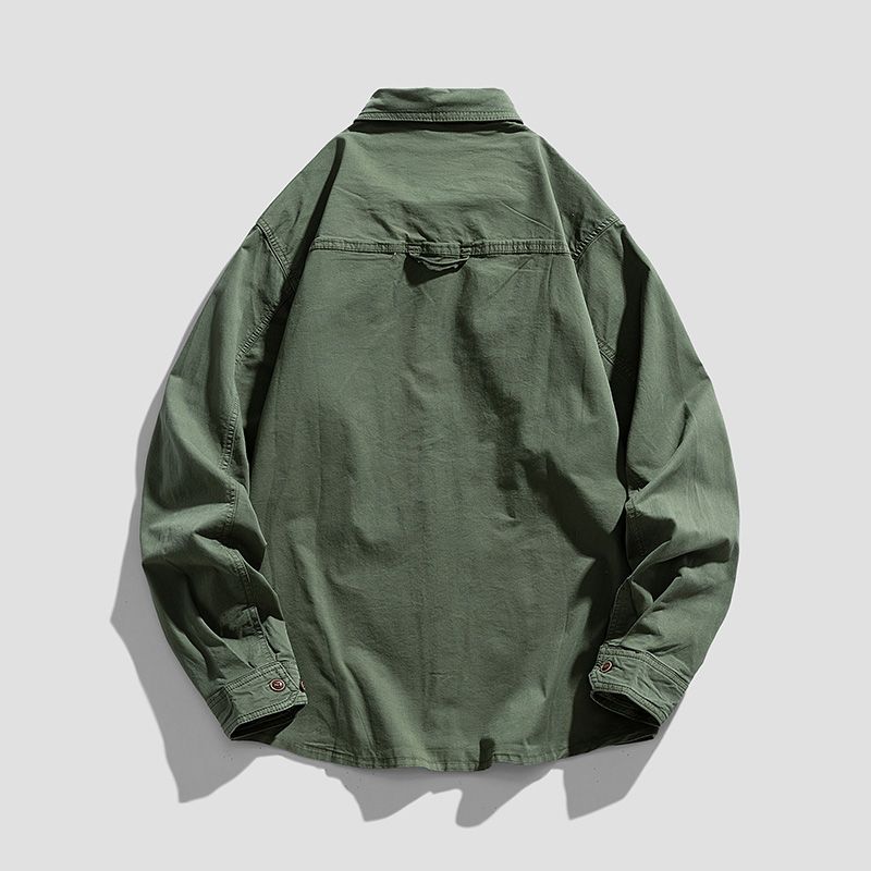 Men's Multi-pocket Loose Casual Shirt Trendy Fashion Top with Long Sleeves Versatile Work Jacket Green Khaki