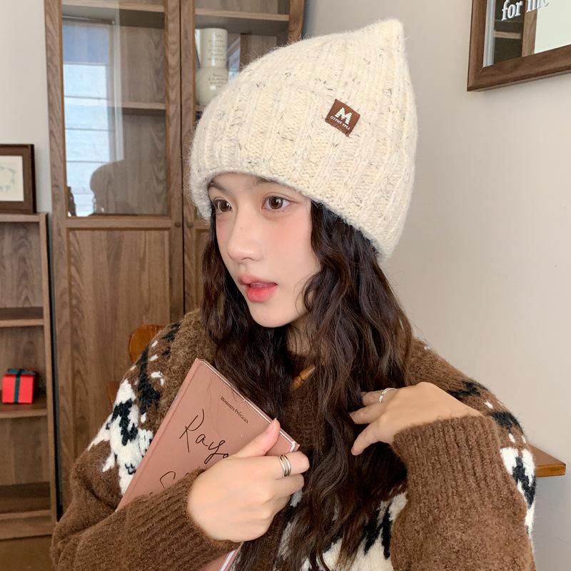 Sweet and Cute Cat Ear Knitted Wool Hat for Women In Autumn and Winter Versatile Big Head Surround Brim Hat Casual Warm Hat Trendy