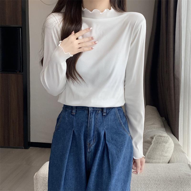

Autumn Winter Modal Base Layer Thermal Underwear Women Semi High Neck Long Sleeve T Shirt Ruffle Trim Inner Outer Wear Top One Size белый
