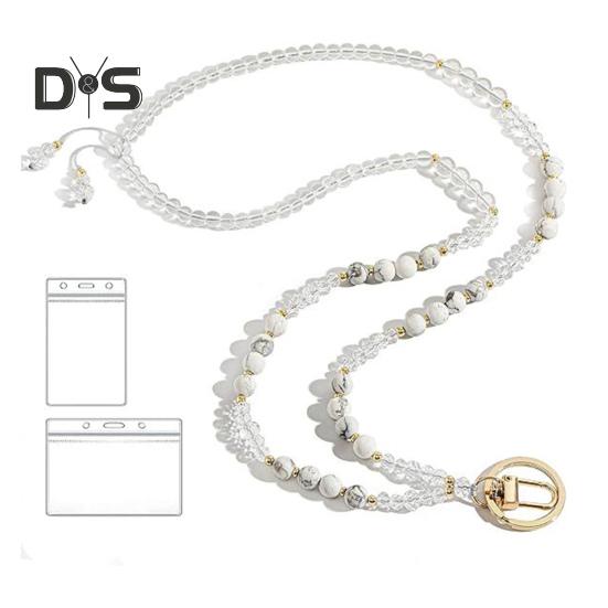 Natural Stone Faux Crystal Card Holder Adjustable ID Lanyard Women Handmade Beaded Badge Holder Lanyard