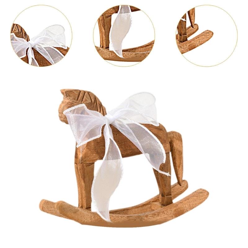 Simple Design Wooden Rocking Horse Figurine with White Ribbon for Home Nursery Table Decoration and Collectible Display