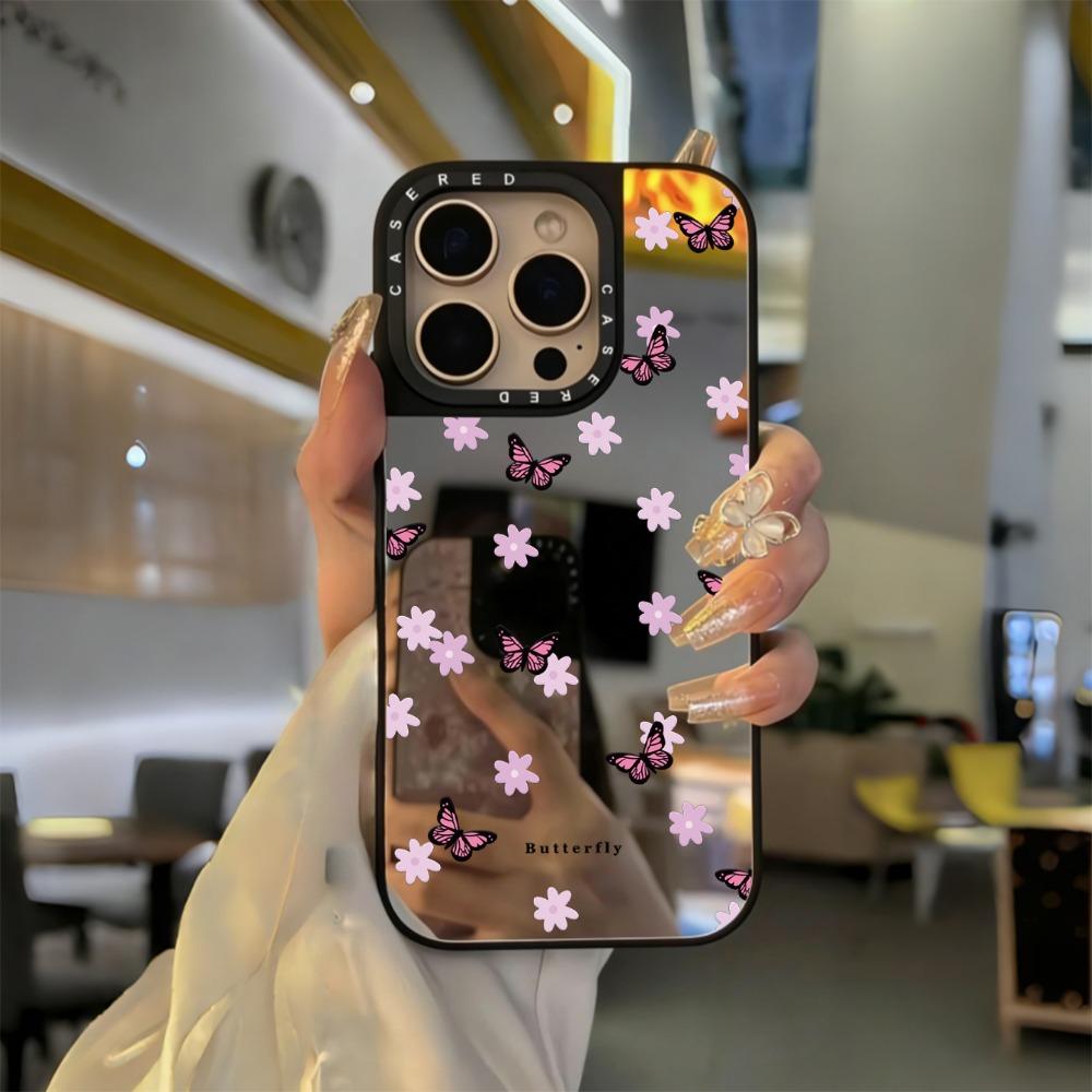 Pink butterfly floral printed mirror phone case suitable for iPhone 17 16 15 14 13 12 11 Pro/Max/Plus anti drop and shockproof