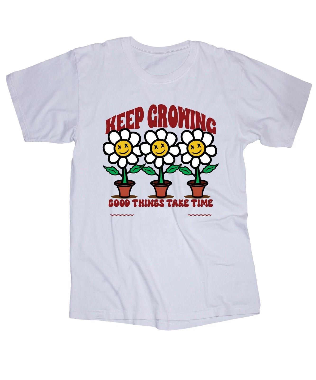 

Keep Growing White T-shirt Positive vibes good things take time Happy sunflower XL