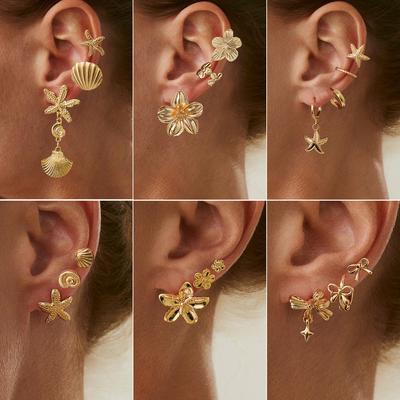 Conjunto de Brincos Stud Flor Estrela do Mar Estilo Férias, Doces E Frescos Exquisitos Pequenos Laços Brincos em Forma de C.