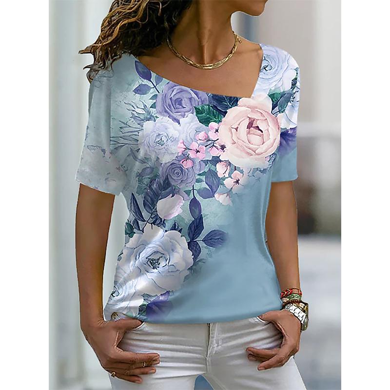 Flower Floral 3D T-shirt Summer Women Irregular V-neck T Shirts Streetwear Harajuku Short Sleeve Tees Sexy Oversized Y2k Tops