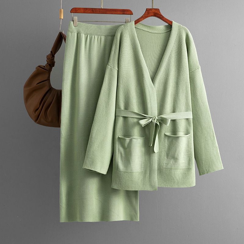 Fashion Set Women Autumn and Winter V-neck Loose Knitted Lace-up Cardigan Outerwear + Skirt Two-piece Set