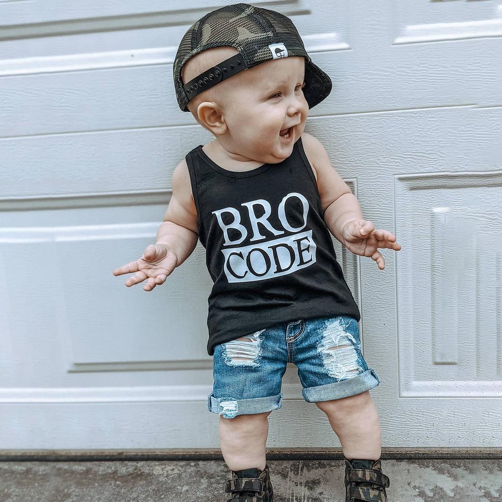 Baby Toddler Boys Summer Outfit Set Round Neck Sleeveless Letter Print Tank Tops with Ripped Denim Shorts