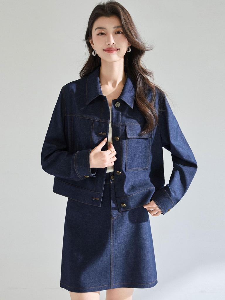Spring Retro Indigo Slim Denim Jean Suit with Petite Versatile Skirt